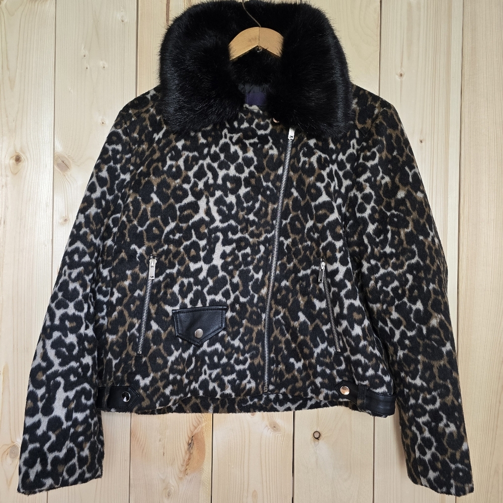 Amaryllis Leopard Print Faux Fur Wool Zip Up Jacket Womens Large